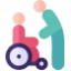 Illustration of a caregiver standing beside and assisting a person seated in a wheelchair.