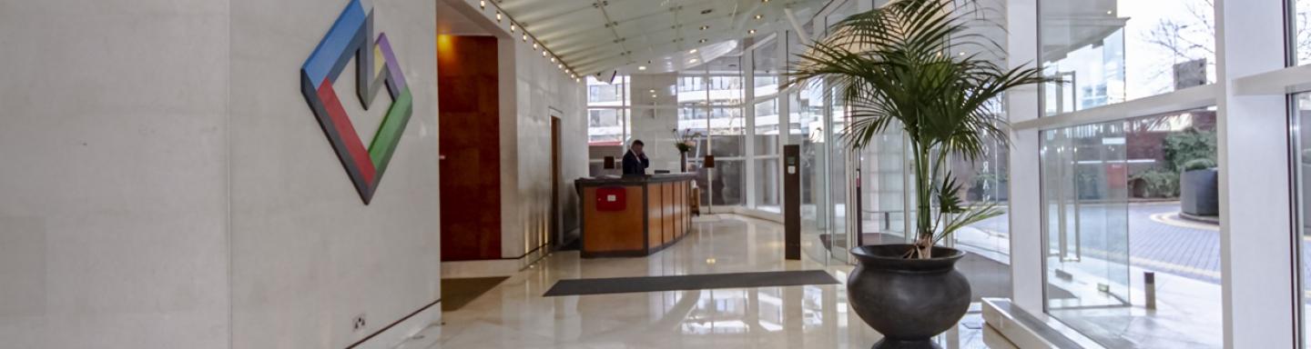 The modern lobby area of a high rise apartment block