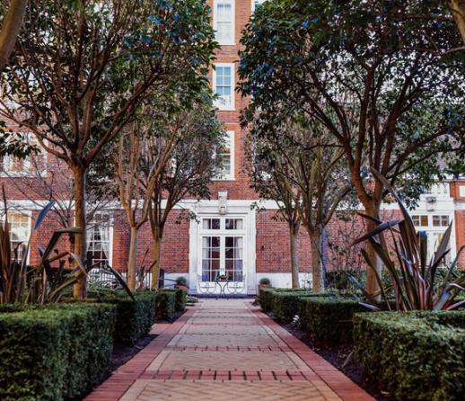 The entrance to an apartment block with trees and trimmed hedges on either side of the path