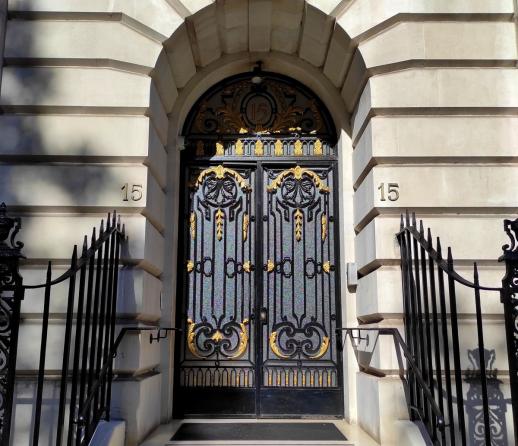 Steps leading up to the door of an apartment building in Grosvenor Square, London